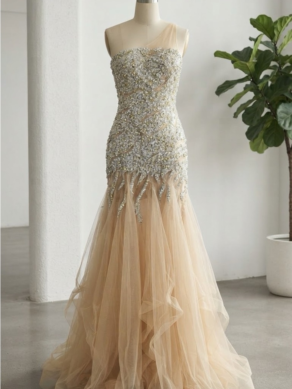 Dave & Johnny Champagne Beaded Mermaid Gown